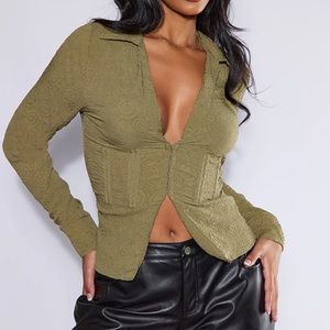 NWT PrettyLittleThing Khaki Textured Hook and Eye Shirt Top Small